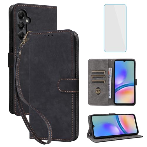 IUQXU Handyhülle für Samsung Galaxy A05s/M14 4G Hülle mit Panzerglas RFID Stoßfeste Schutzhülle Kartenfach Klapphülle Geldbörse Lederhülle für Galaxy A 05s Samsung M 14 SM-A057G A05 s Ao5s Schwarz