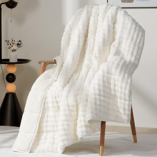 Cottonblue Weighted Blanket 15lbs for Adults, Fluffy Bubble Sherpa Fleece Weighted Blankets for Queen Size Bed, Cute Fuzzy Warm Heavy Blanket for Calming & Sleeping, 60'x80', Cream White