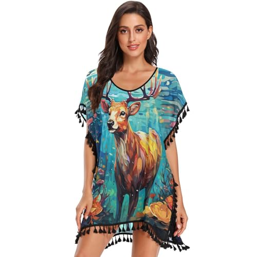 KAAVIYO Colorful Deer Blue Sea Women's Beach Cover Up Chiffon Tassel Swimwear Swimsuit Coverups for Girl