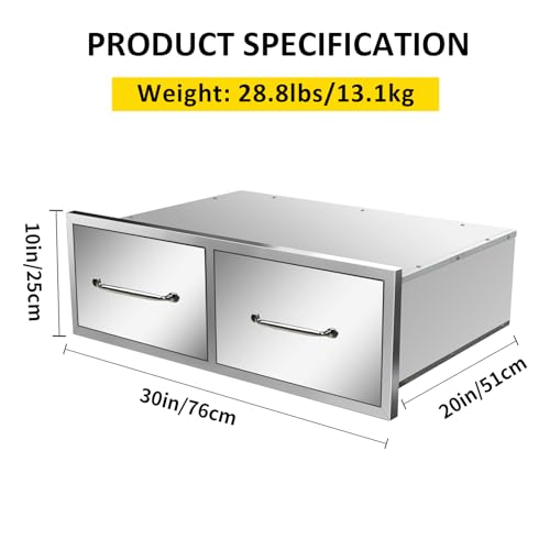 Image of Outdoor Kitchen Drawers 30 inch W x 10 inch H x 20 inch D Flush Mount Horizontal Double Drawers with Chrome Handle,Stainless Steel Built-in BBQ Drawer for Outdoor Kitchen Island, Patio Grill Station