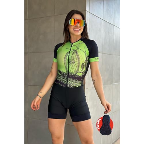 Macaquinho Ciclismo Feminino Manga Curta Forro em Espuma MTB (Bike Roda Verde, M)