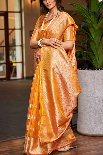 Image of SWORNOF Women's kanjivaram banarasi silk saree Zari Woven for festival Wedding silk with rich pallu Design sarees for women with Unstitched blouse piece (YELLOW)