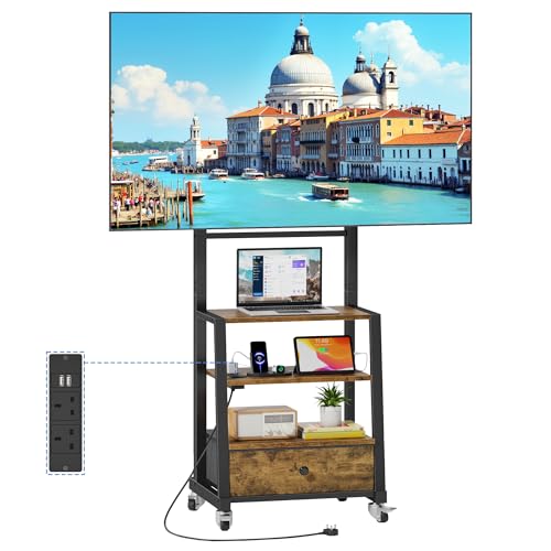 OYRREU Support TV roulettes pour TV de 32 à 75 Pouces, Support TV sur Pied avec Prise, Pied TV Mobile avec Etagère et Tiroir Tissu, Hauteur Réglable, Max....