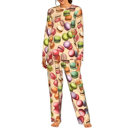 ERSDWRE Conjunto de pijama informal para mujer, con estampado de galletas macarrón, pantalones de manga larga, ropa de dormir suave para mujer, Negro, XL