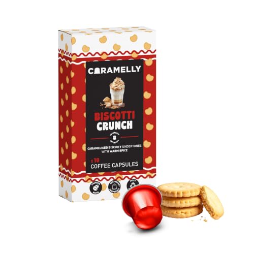 Image of Caramelly Biscotti Crunch Flavoured Nespresso Compatible Coffee Capsules, 10 Pods, Intensity - 8 | Medium Roast | Aluminium Coffee Pods