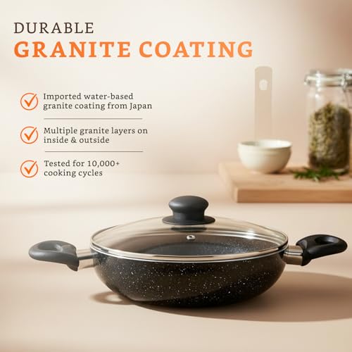 Amazon Brand - Solimo Non-Stick Kadai with Glass Lid & Detachable Handle| Granite Finish | Induction Base | PFOA Free | High Temperature Resistant... - Image 3