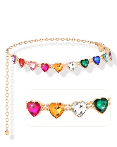 Kajeer Girl Belts Rhinestone Kid Heart Chain Adjustable Solid Colorful Metal Waist Belt for Dresses Jeans Flower Girl