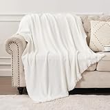 DISSA Throw Blanket, Super Soft Cozy Fuzzy Plush Warm Fringe Blankets & Throws for Couch, Sofa, Chair, Bed, Camping, Picnic, Travel Lightweight Bed Knitted White Blanket All Season Use - 51X63