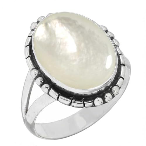 Jeweloporium Nacre Blanche Bague plaquée argent Taille 50.5, Bague en argent .925 pour Femme, Bijoux Faits à la Main en Pierre Précieuse Ovale Épaisse...