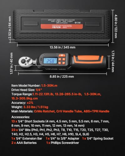Image of VEVOR Torque Wrench Set 1 /4 inch Drive 42-Piece Digital Torque Wrench 4 Units, ±2% Accuracy, LCD Screen, with Buzzer and LED Indicator, with Sockets, Bits, Extension Bar, Adapter, for Automotive Repair