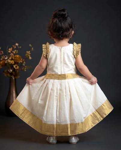 Image of Stanwells Kids Baby Girl Dress Cream Gold Pattu Pavadai Cotton Silk Lehenga Choli Kerala Kasavu South Indian Onam Festival Traditional Ethnic Wear