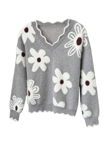 Image of BEAUDRM Girl's Cute Bow Sweater Crew Neck Long Sleeve Drop Shoulder Loose Pullover Tops