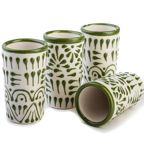 Image of Talavera Shot Glasses Set of 4 Authentic Mexican Hand-Painted Tequila Shot Glasses - 2 Oz (Green Lace) Glass