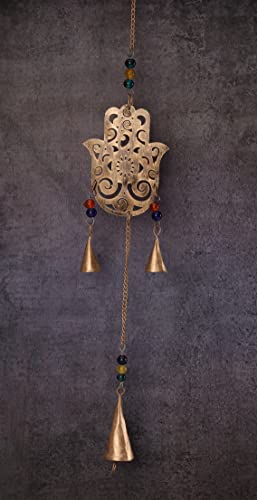 DULI Metal Windchime Wall Hanging, Feng Shui, Wall Art, Wall Decor, PositiveVibes, Rustic Wall Hangings, Wall Art, Diwali Decor, Home Decor Hanging Bells (HamsaHand 23x3 Inches)