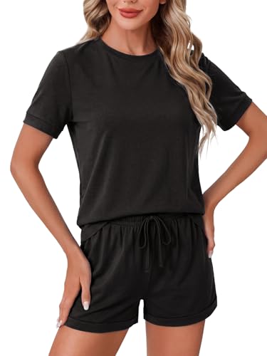 Image of LYANER Pajama Set for Women 2 Piece Lounge Set Striped Crew neck Short Sleeve Tops and Shorts Soft Sleepwear