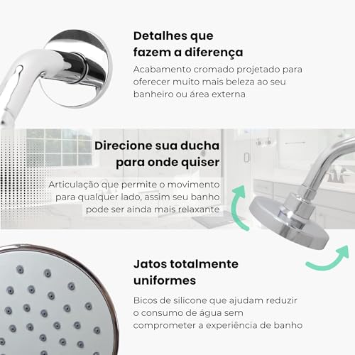 Ducha Gas Chuveiro Redondo Articulado Externa Cromado Luxo, Chuveiro a Gas, Ducha Piscina, Cromado