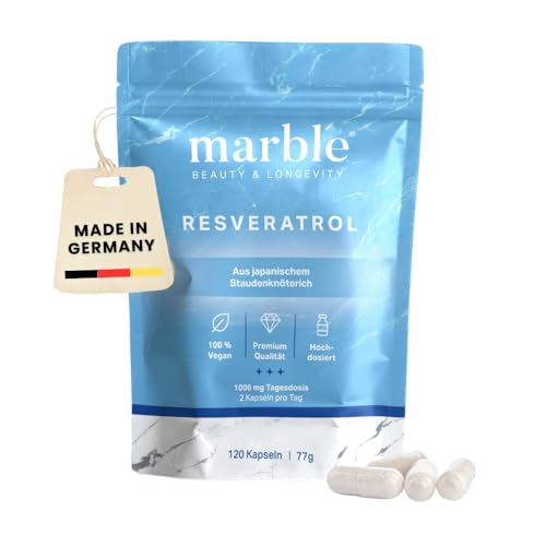marble® Resveratrol 1000mg – 120 vegane Kapseln - Trans-Resveratrol hochdosiert aus Japanischem Staudenknöterich 100:1 Extrakt + Piperin - Longevity Supplements