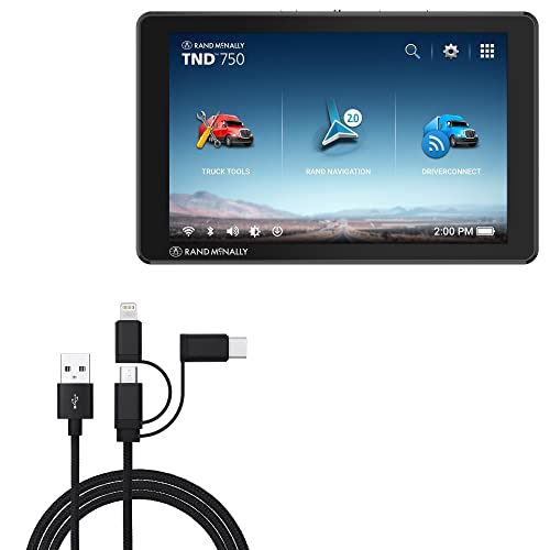 BoxWave Cable Compatible with Rand McNally TND 750 - AllCharge 3-in-1 Cable - Jet Black