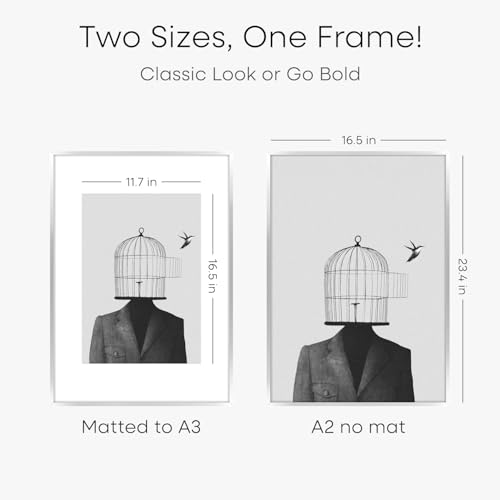 Image of Homeforia A2 Silver Picture Frame, High-End Metal, A3 Mat, Glass | High End Aluminum, Tempered Glass, Acid-Free A3 Removable Mat, A2 Edge-to-Edge Display, Wall Kit, Set Of 3