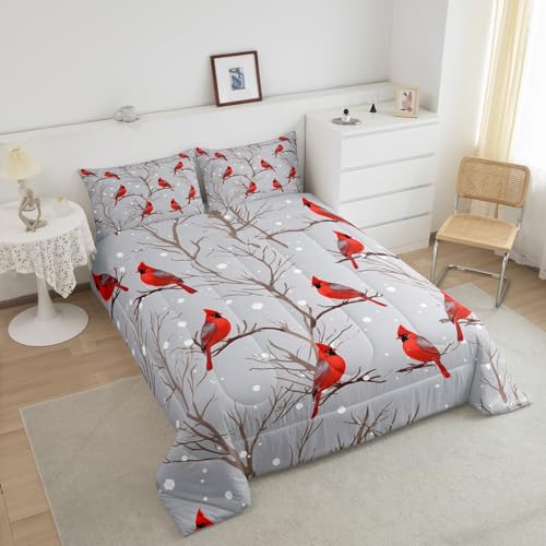 Image of Feelyou Bird Comforter Set Red Birds Snowflakes Bedding Set Winter Landscape Cardinals Comforter for Boys Girls Child Kids Retro Bedroom Decor Tree Branches Duvet Set King Size with 2 Pillow Case