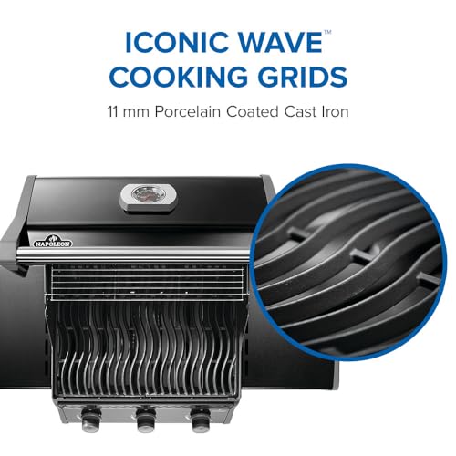 Image of Napoleon Rogue 425 3-Burner Propane Grill | Black, Outdoor BBQ, 42,000 BTUs, 571in Area, Instant Ignition, Folding Shelves, Warming Rack, Locking Caster Wheels