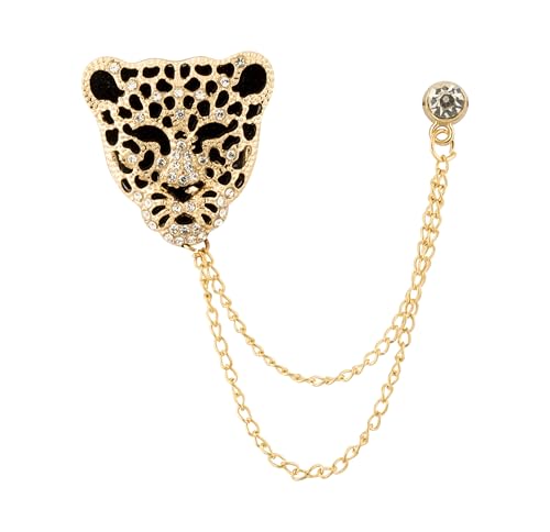 Image of Knighthood Black & Gold Tiger Brooch with Stone Detailing and Hanging Chain for Men & Women - Statement Lapel Pin for Suits, Coats, and Jackets
