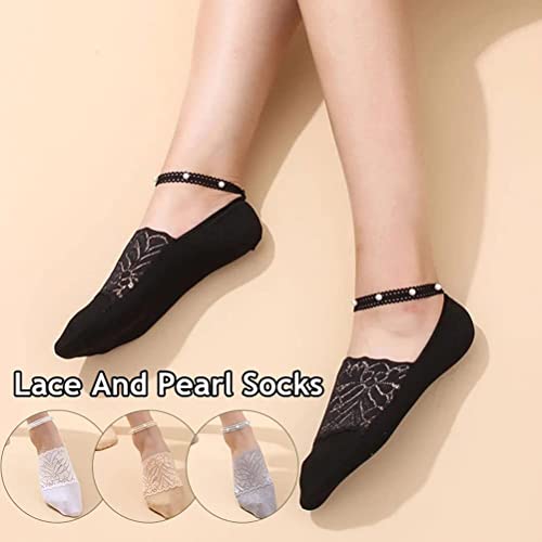 Mingkai 4Pair Thin Pearl Lace Socks Ladies Beaded Lace Socks Ankle Socks Cute Mesh Transparent Lace Liner Socks Invisible Lace Boat Socks3