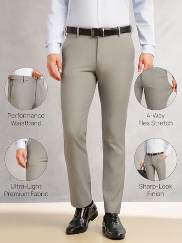 Image of Thomas Scott Men's Regular Fit Mid-Rise Solid Formal Performance Trouser | Flexi-Waist & 4-Way Stretch | 4 Pockets | Button Closure