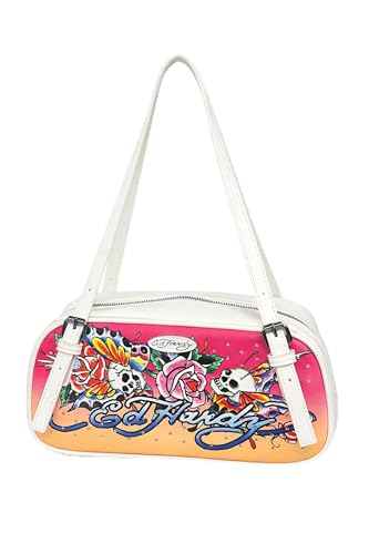 ED HARDY Women’s Vintage Graphic Shoulder Handbag with Skull Rose Tattoo Art Design (White Sunset)
