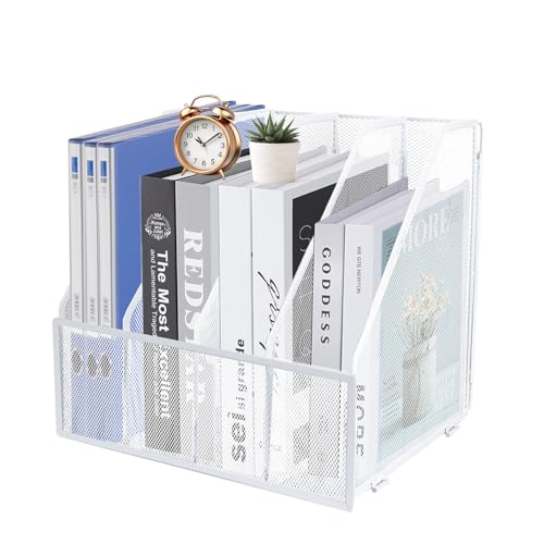 HMXLJJY Mesh Metal A4 Magazine File Holder, Desktop 4 Sections Document Holder Office File Storage Rack for Desk Tidy, Paper Organiser Filing Rack,4 Compartments,(White)