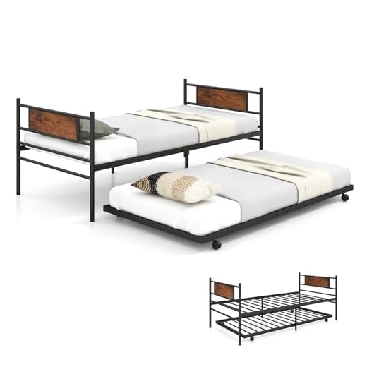 COSTWAY 3FT Metal Day Bed with Trundle, Single Bed Frame with Pull-out Bed, Headboard and Steel Slat Support, Industrial Space-Saving Guest Sofa Bed Platform Bed Base Mattress Foundation 13 COSTWAY 3FT Metal Day Bed with Trundle, Single Bed Frame with Pull-out Bed, Headboard and Steel Slat Support, Industrial Space-Saving Guest Sofa Bed Platform Bed Base Mattress Foundation