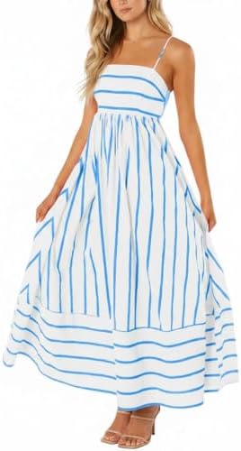 chouyatou Women's Striped Back Smocked Maxi Dress Sexy Spaghetti ...