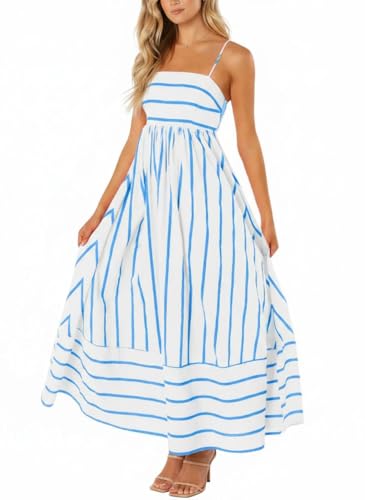 chouyatou Women's Striped Back Smocked Maxi Dress Sexy Spaghetti Strap Cut Out Flowy Swing Long Dress (Small, Wide Blue White)