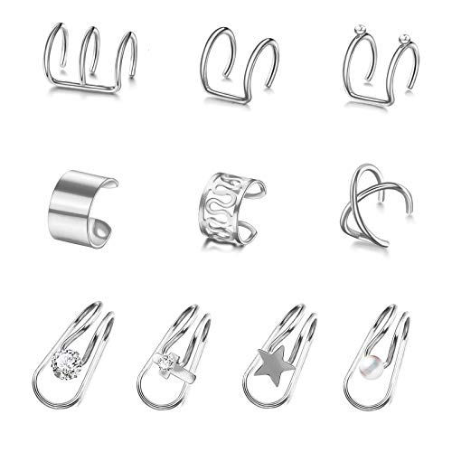 10Pcs Ear Cuffs Set for Women Gold Dainty Helix Huggie Stud Clip on Cartilage Earrings Set (B-10pcs Silver Ear Cuffs)