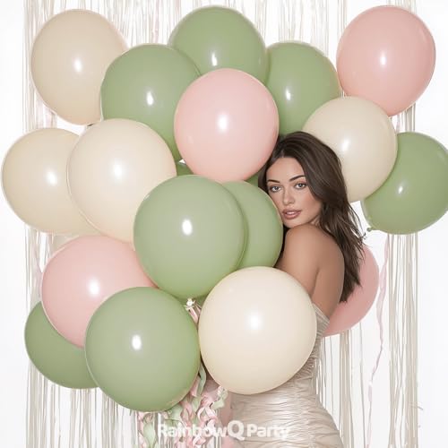 Image of Pink and Green Balloons 12 Inch 67PCS White Sage Green Balloons Latex Helium Balloon Set for Anniversary Wedding Birthday Party Decorations