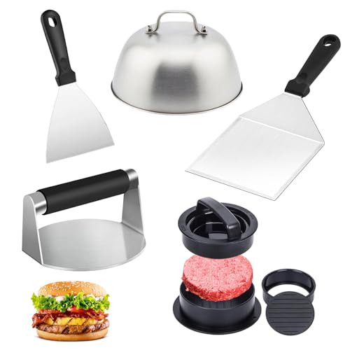 Burger Smasher Set, Kit de Presse à Hamburger, Smash Lot de 5 Hamburgers en Acier Inoxydable, avec Presse à Hamburger, 2 Spatules, et Cloche, pour Gril à Gaz, Plaque à Feu, Teppanyaki