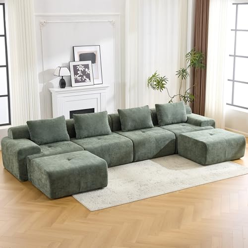 155.9″ Modular Sectional Sofa, Chenille Upholstered Boneless Couch, Modern Deep Seat Cloud Sectional Couches for Living Room, Oversized U-Shaped Couch with 2 Ottoman, No Assembly, Green