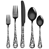Cubiertos Acero Inoxidable Juego de 5 piezas de vajilla de acero inoxidable con diseño gótico de calavera de Halloween, cuchara, tenedor y cuchillo.(5pcs Skull Black)