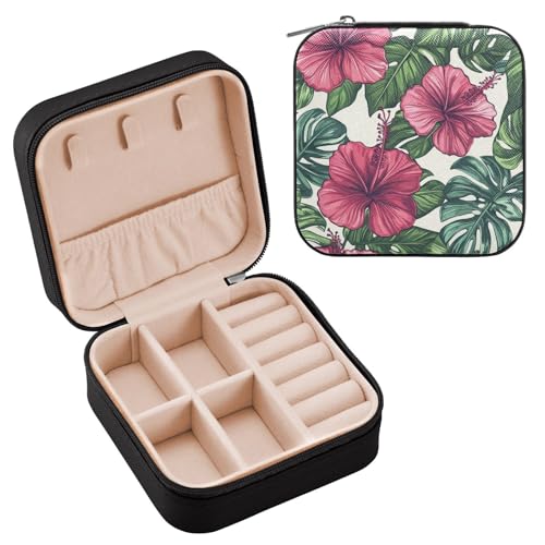 Ttgoth Joyero de piel sintética con diseño de palmera hawaiana para mujeres y niñas, portátil, de piel sintética, para anillos, aretes, collares, pulseras, organizador de joyas, 10 x 10 x 5 cm
