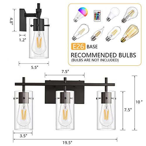 Image of ClanKin 3-Light Bathroom Vanity Light Fixture,Black Wall Sconce Lighting with Glass Shade for Bathroom, Modern Vanity Lamp Wall Lights Over Mirror (Black, 3-Light)