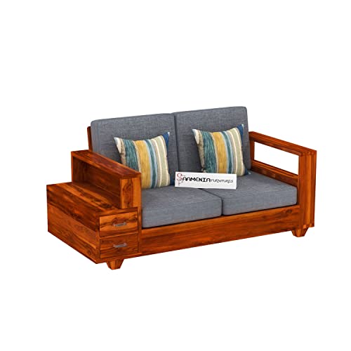 Image of Sheesham Wood 4 Seater Sofa Set with 2 Drawer Storage | 2+2 Wooden Sofa Set Furniture for Living Room Home Office (Honey Finish)