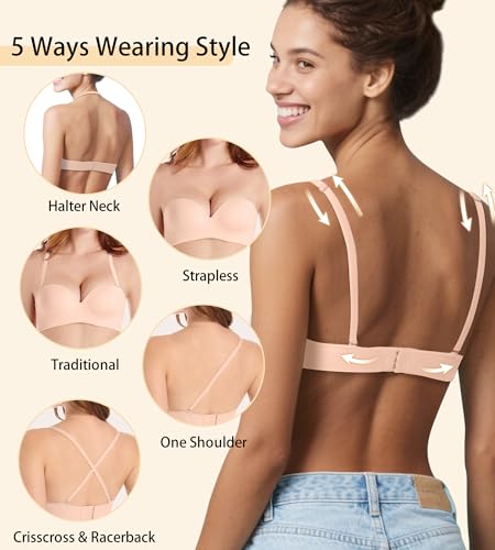 Image of Strapless Bras for Women with Support, Womens Underwire Push Up Plunge Full Coverage Tshirt Bra with Extender