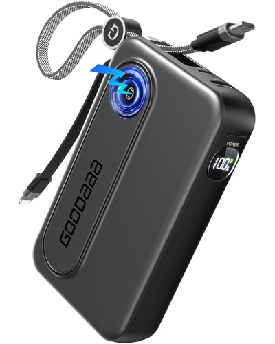 GOODaaa Portable Charger Built-in 2 Cables, 10000mAh Bidirectional Fast Charging USB C Lanyard Cable, Wireless Charger for iWatch, Compatible with All Cell Phones, Tablets, Smartwatches,Earphones,etc