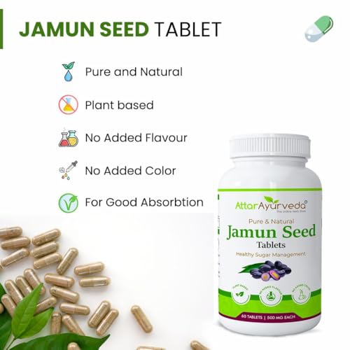 Image of Attar Ayurveda Jamun Seed Extract tablet 500mg, 60 tablets | Beneficial in controlling Blood Sugar Levels, Boosting Digestion, Blood purification and Detoxification (Pack of 1)