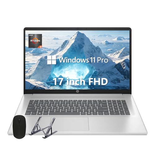 HP 17 Laptop, 17.3' FHD Display, 8GB DDR5 RAM, 512GB SSD, AMD Ryzen 5 Processor (Beats i7-1165G7, Up to 4.3GHz), Windows 11 Pro, Wi-Fi 6, Fatcayes Accessories, Silver, Video Editing Laptop