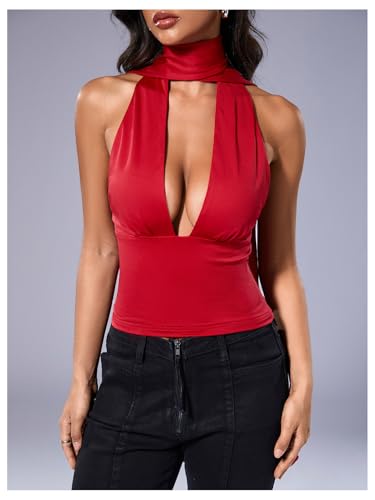 SOLY HUX Sexy Tops for Women Going Out Halter Scarf Crop Top Deep V Sleeveless Backless Vest Party Clubwear4