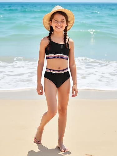 Girls Swimsuit Two Piece Teen Bathing Suit High Waist Textured Bikini Set Woven Girls Swimwear 9-16Y2
