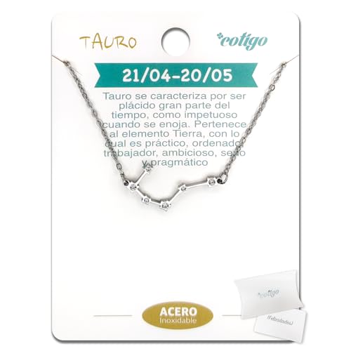 cotigo Collar Signo Zodiaco Acero Inoxidable, 12 Collar Constelaciones con Colgante Horóscopo de Circonita - Collar Mujer para Joyería Astrología (Tauro - Plateado)