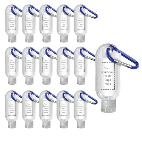 Custom Hand Sanitizer with Logo, 1.9 oz Portable 70% Alcohol Gel with Carabiner Clip, Personalized Unscented Travel Hand Sanitizer, USA Made Promotional Bottles, Pack of 15
