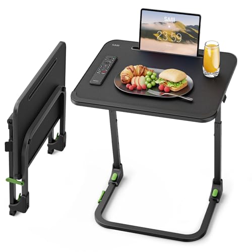 Image of SAIJI Easy Folding TV Tray Table Adjustable TV Dinner Tray | No Assembly Required, Leather Surface, Metal Frame, Extra Large, Sturdy and Stable, for Laptops and Eating on Couch & Bed